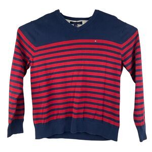 Tommy Hilfiger Men's Large V-Neck Sweater Blue Red Striped Long Sleeve